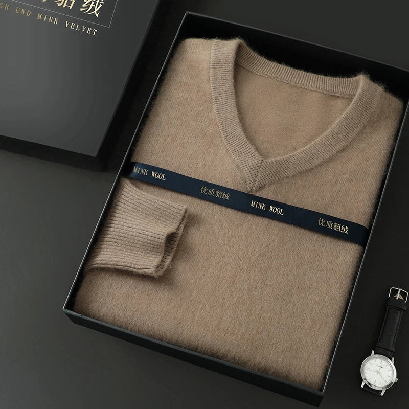 Suéter Masculino 100% Cashmere de Mink com Decote V – Luxo, Conforto e Aquecimento Superior