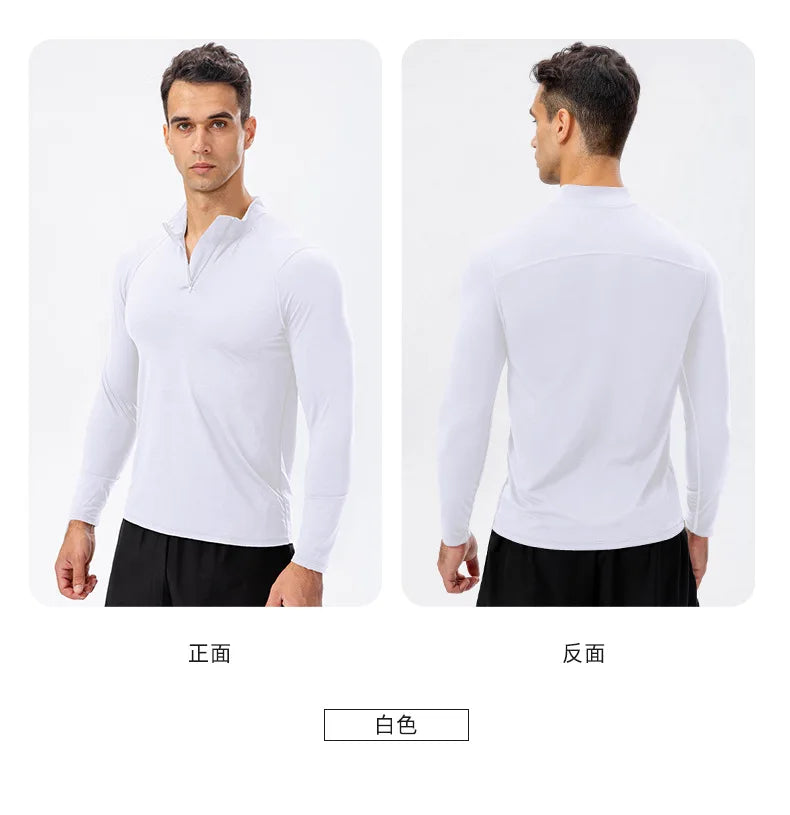 Camiseta Masculina Fitness de Outono – Manga Longa, Secagem Rápida e Meio Zíper