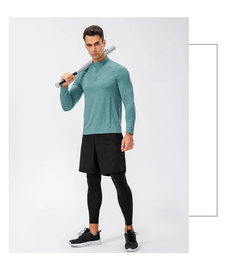 Camiseta Masculina Fitness de Outono – Manga Longa, Secagem Rápida e Meio Zíper