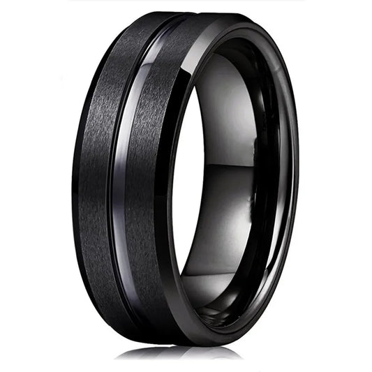 Anel Masculino de Tungstênio Preto 8mm – Aliança com Friso e Borda Chanfrada