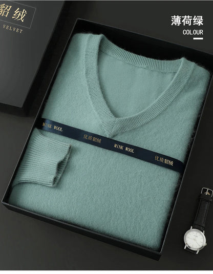 Suéter Masculino 100% Cashmere de Mink com Decote V – Luxo, Conforto e Aquecimento Superior
