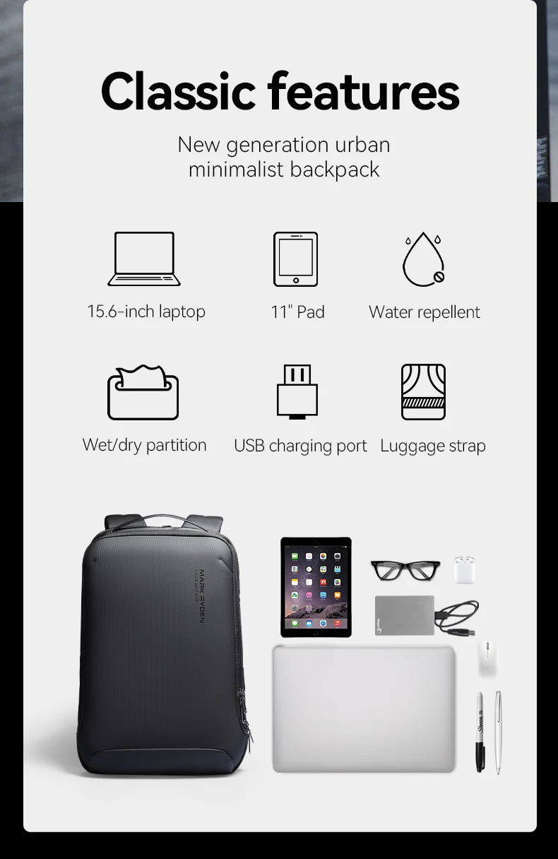 Mochila Slim para Notebook MARK RYDEN – Business Minimalista com Zíper YKK e USB