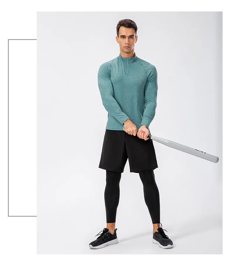 Camiseta Masculina Fitness de Outono – Manga Longa, Secagem Rápida e Meio Zíper