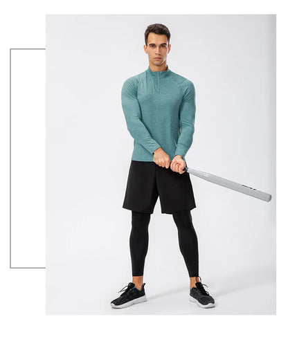 Camiseta Masculina Fitness de Outono – Manga Longa, Secagem Rápida e Meio Zíper