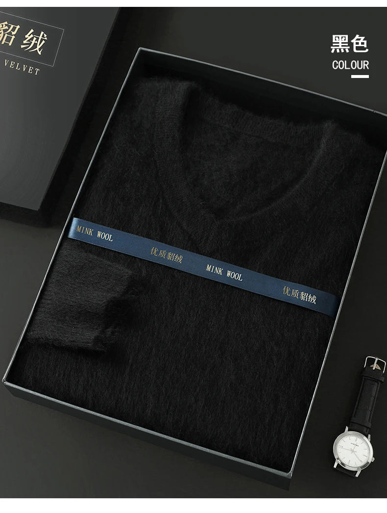 Suéter Masculino 100% Cashmere de Mink com Decote V – Luxo, Conforto e Aquecimento Superior