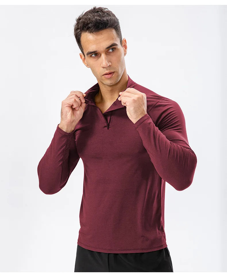 Camiseta Masculina Fitness de Outono – Manga Longa, Secagem Rápida e Meio Zíper