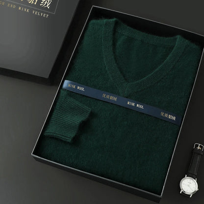 Suéter Masculino 100% Cashmere de Mink com Decote V – Luxo, Conforto e Aquecimento Superior