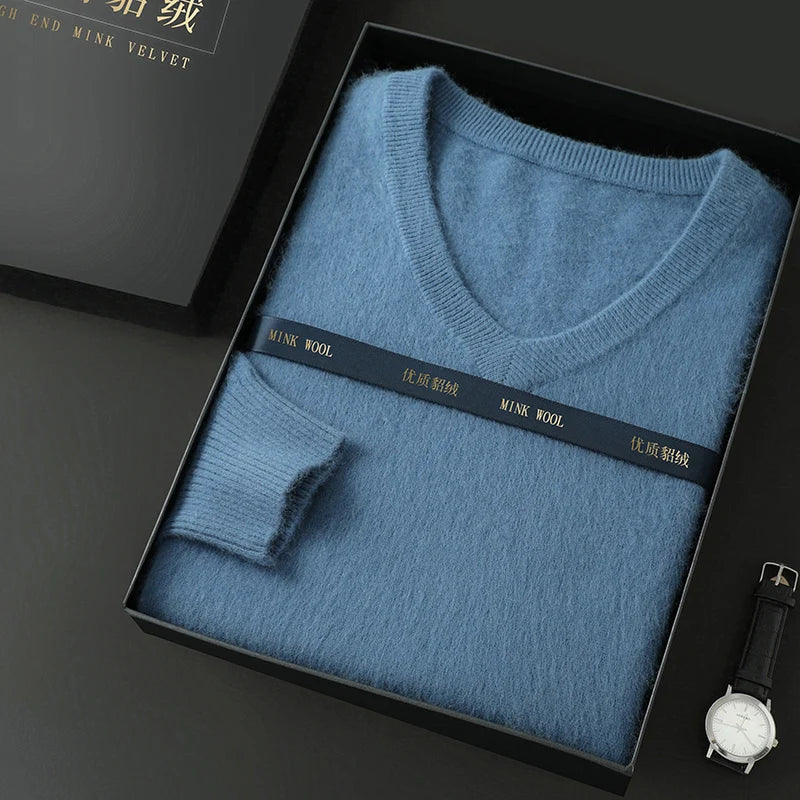 Suéter Masculino 100% Cashmere de Mink com Decote V – Luxo, Conforto e Aquecimento Superior