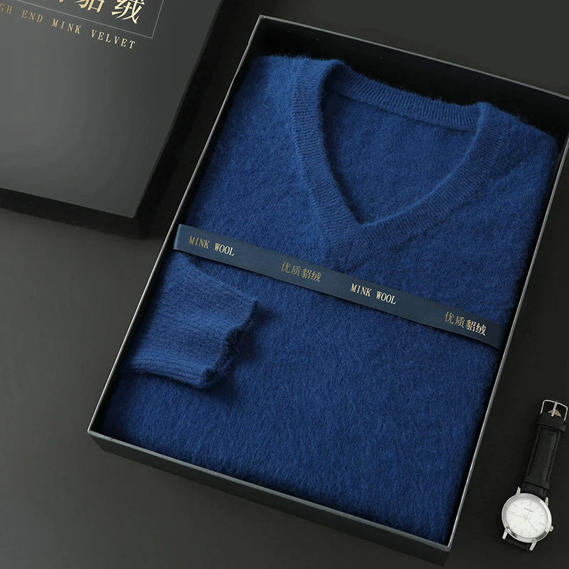 Suéter Masculino 100% Cashmere de Mink com Decote V – Luxo, Conforto e Aquecimento Superior