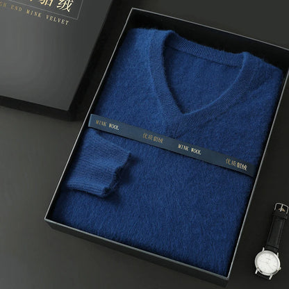 Suéter Masculino 100% Cashmere de Mink com Decote V – Luxo, Conforto e Aquecimento Superior