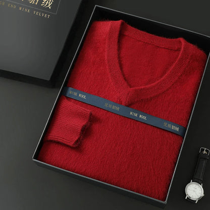 Suéter Masculino 100% Cashmere de Mink com Decote V – Luxo, Conforto e Aquecimento Superior