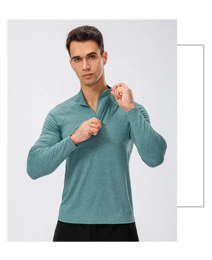 Camiseta Masculina Fitness de Outono – Manga Longa, Secagem Rápida e Meio Zíper