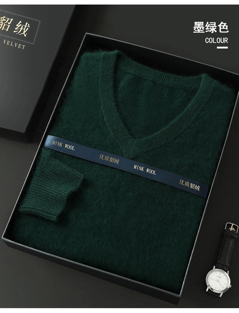 Suéter Masculino 100% Cashmere de Mink com Decote V – Luxo, Conforto e Aquecimento Superior