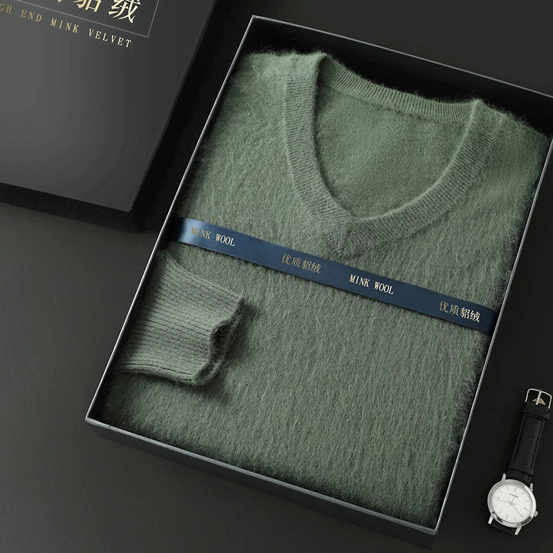 Suéter Masculino 100% Cashmere de Mink com Decote V – Luxo, Conforto e Aquecimento Superior