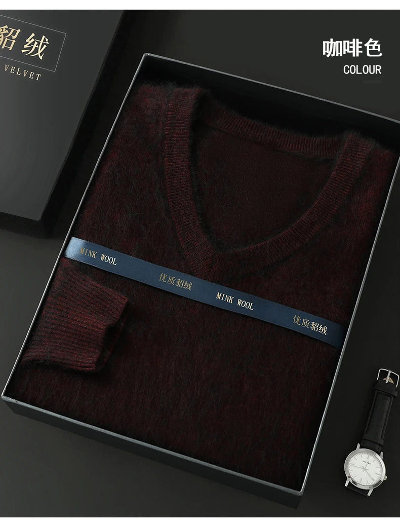 Suéter Masculino 100% Cashmere de Mink com Decote V – Luxo, Conforto e Aquecimento Superior