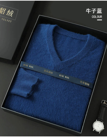 Suéter Masculino 100% Cashmere de Mink com Decote V – Luxo, Conforto e Aquecimento Superior