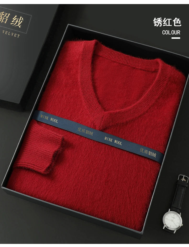 Suéter Masculino 100% Cashmere de Mink com Decote V – Luxo, Conforto e Aquecimento Superior
