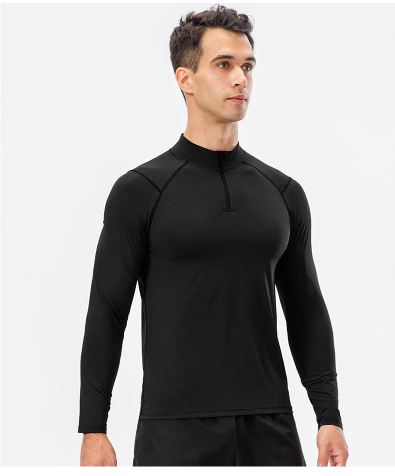 Camiseta Masculina Fitness de Outono – Manga Longa, Secagem Rápida e Meio Zíper