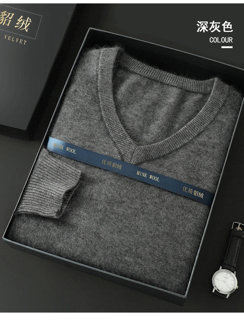 Suéter Masculino 100% Cashmere de Mink com Decote V – Luxo, Conforto e Aquecimento Superior