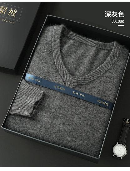 Suéter Masculino 100% Cashmere de Mink com Decote V – Luxo, Conforto e Aquecimento Superior