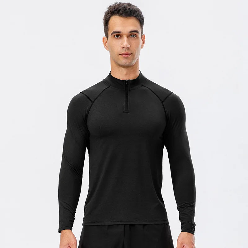Camiseta Masculina Fitness de Outono – Manga Longa, Secagem Rápida e Meio Zíper