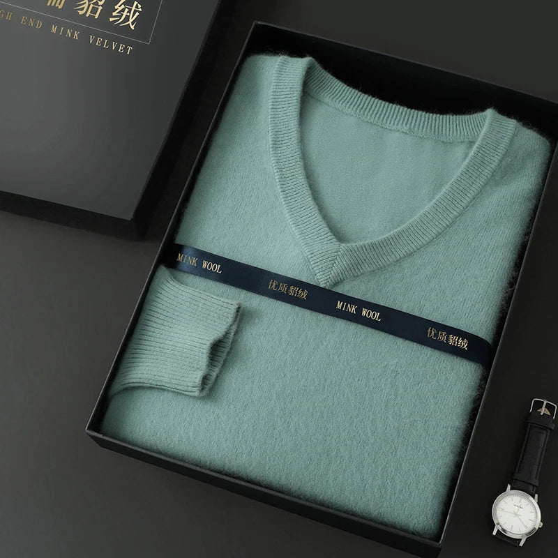Suéter Masculino 100% Cashmere de Mink com Decote V – Luxo, Conforto e Aquecimento Superior