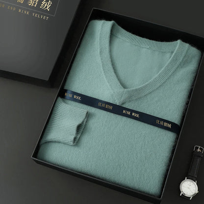 Suéter Masculino 100% Cashmere de Mink com Decote V – Luxo, Conforto e Aquecimento Superior