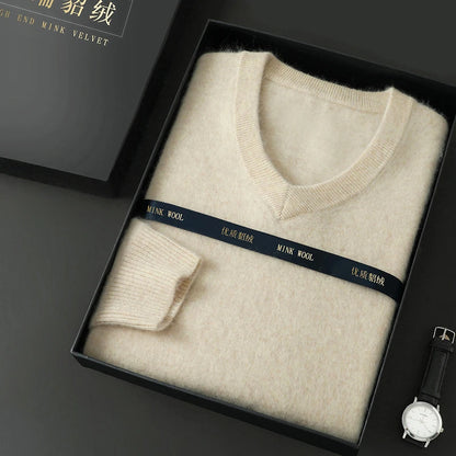 Suéter Masculino 100% Cashmere de Mink com Decote V – Luxo, Conforto e Aquecimento Superior