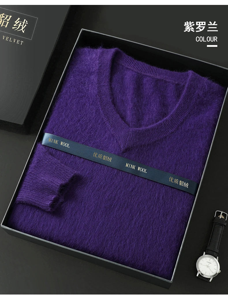 Suéter Masculino 100% Cashmere de Mink com Decote V – Luxo, Conforto e Aquecimento Superior