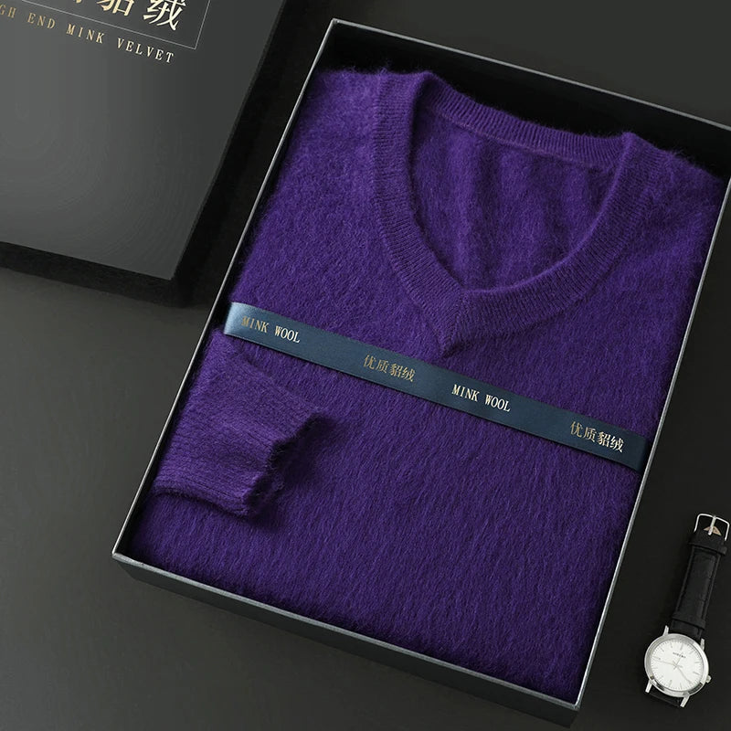 Suéter Masculino 100% Cashmere de Mink com Decote V – Luxo, Conforto e Aquecimento Superior