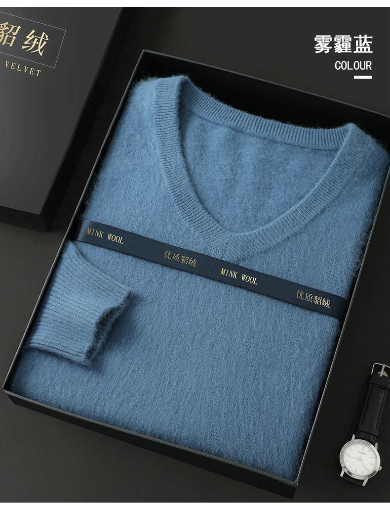 Suéter Masculino 100% Cashmere de Mink com Decote V – Luxo, Conforto e Aquecimento Superior