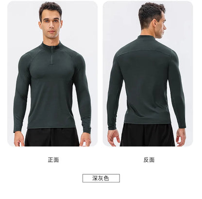 Camiseta Masculina Fitness de Outono – Manga Longa, Secagem Rápida e Meio Zíper