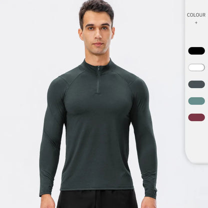 Camiseta Masculina Fitness de Outono – Manga Longa, Secagem Rápida e Meio Zíper