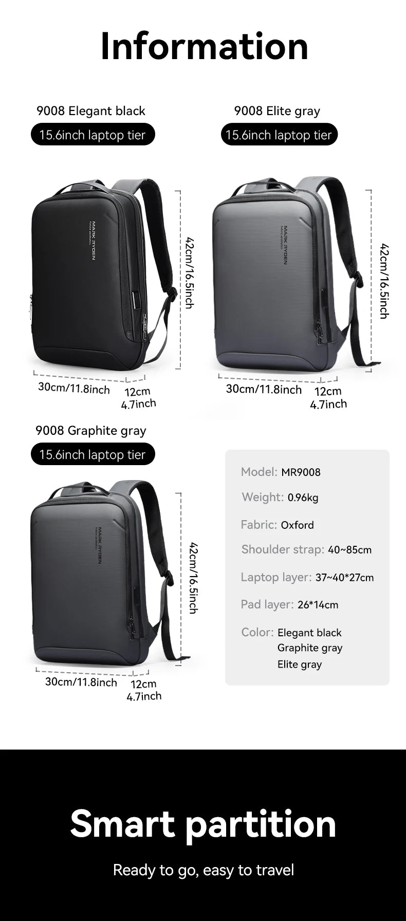 Mochila Slim para Notebook MARK RYDEN – Business Minimalista com Zíper YKK e USB