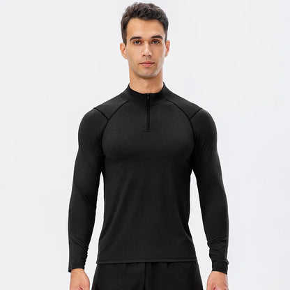 Camiseta Masculina Fitness de Outono – Manga Longa, Secagem Rápida e Meio Zíper