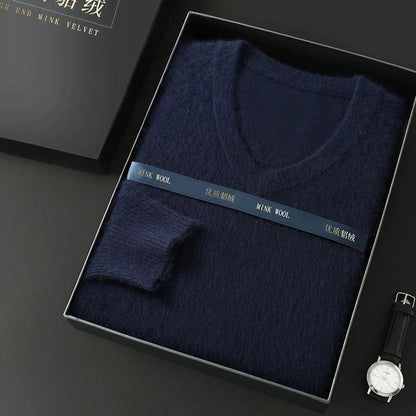 Suéter Masculino 100% Cashmere de Mink com Decote V – Luxo, Conforto e Aquecimento Superior