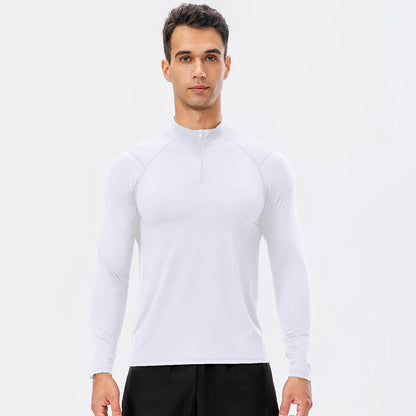 Camiseta Masculina Fitness de Outono – Manga Longa, Secagem Rápida e Meio Zíper