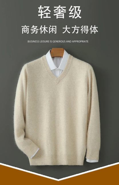 Suéter Masculino 100% Cashmere de Mink com Decote V – Luxo, Conforto e Aquecimento Superior