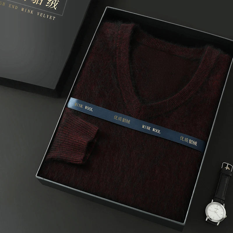 Suéter Masculino 100% Cashmere de Mink com Decote V – Luxo, Conforto e Aquecimento Superior