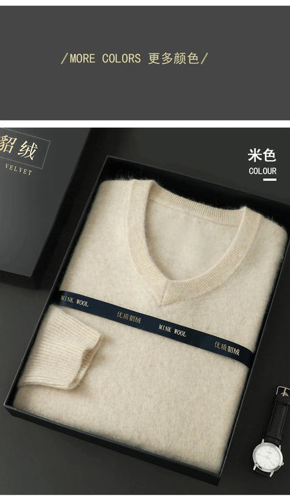 Suéter Masculino 100% Cashmere de Mink com Decote V – Luxo, Conforto e Aquecimento Superior