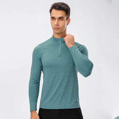 Camiseta Masculina Fitness de Outono – Manga Longa, Secagem Rápida e Meio Zíper