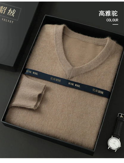 Suéter Masculino 100% Cashmere de Mink com Decote V – Luxo, Conforto e Aquecimento Superior