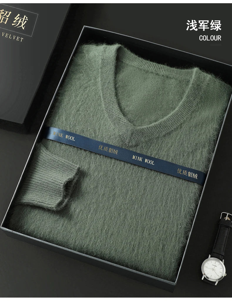 Suéter Masculino 100% Cashmere de Mink com Decote V – Luxo, Conforto e Aquecimento Superior