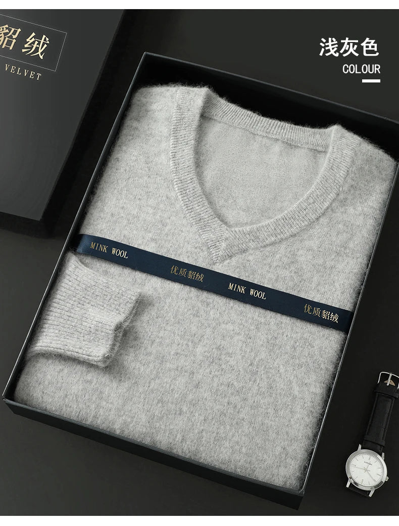 Suéter Masculino 100% Cashmere de Mink com Decote V – Luxo, Conforto e Aquecimento Superior