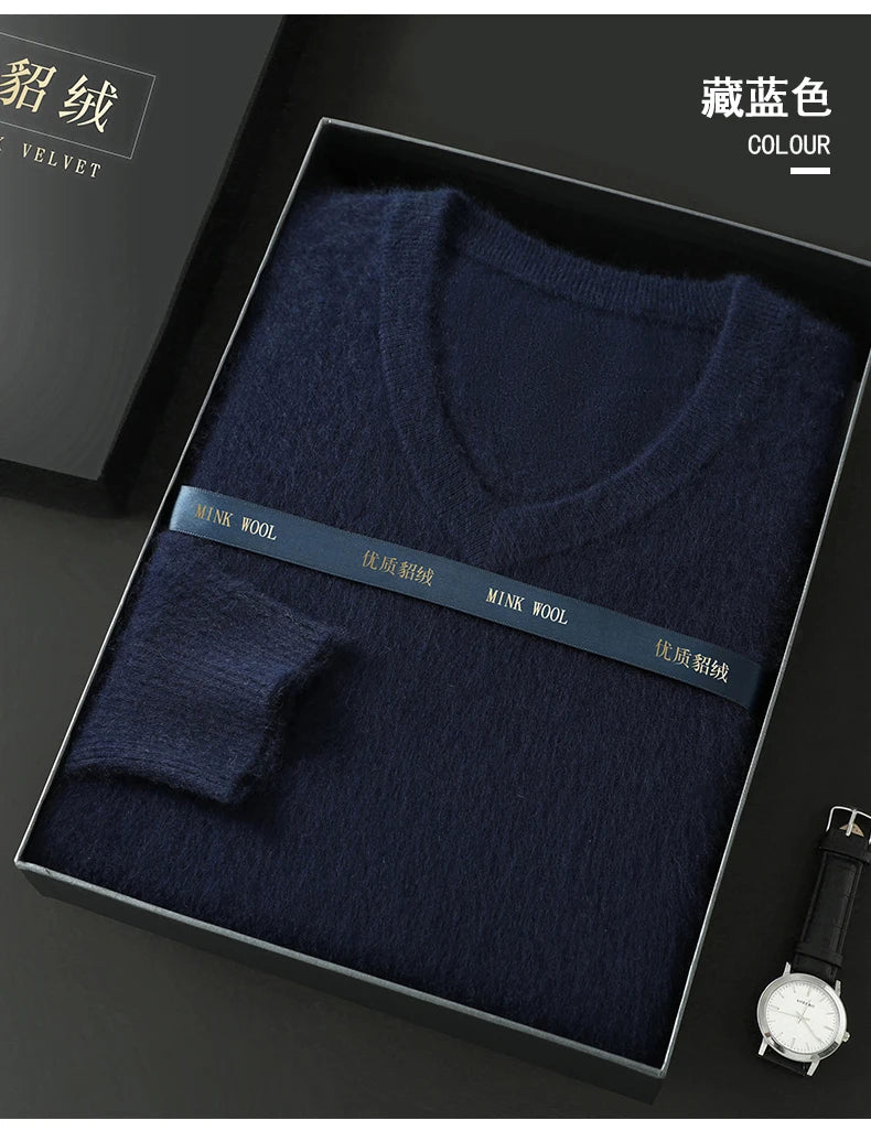 Suéter Masculino 100% Cashmere de Mink com Decote V – Luxo, Conforto e Aquecimento Superior